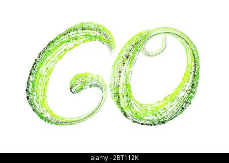 The word lettering GO made by fresh green bio circles of confetti particles isolated on white background. Time to start something new, fresh and Stock Photo