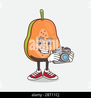 An illustration of Papaya Fruit cartoon mascot character as photographer in action with a camera Stock Vector