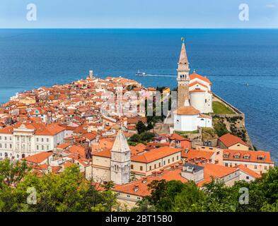 Piran, Primorska, Slovenia.  Overall view from the town walls.  St. George's cathedral on the right. Stock Photo