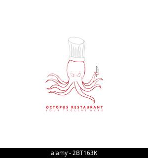 This is an image of an octopus mascot logo that wears a chef's hat and holds a kitchen knife in its tentacles. This logo is suitable for use in restau Stock Vector