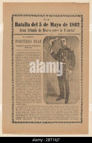 Broadside relating to a news story about the Mexican victory over the French army on May 5, 1862, General Porfirio Diaz in military regalia holding a hat, ca. 1900-1913. Stock Photo