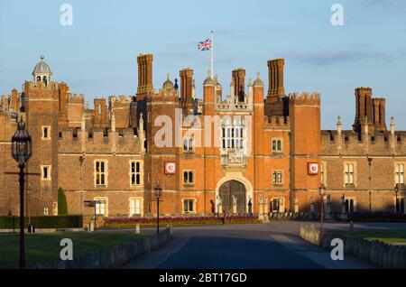 Hampton Court Palace Central Gatehouse, West Front, seen from the main entrance gate down the front drive to the Tudor brick historic palace. UK (119) Stock Photo