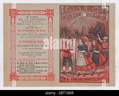 Cover for 'La Aurora del Nuevo Dia en los Campos de Belen', villagers holding shepherd's hooks and walking in the countryside, ca. 1890-1910. Stock Photo