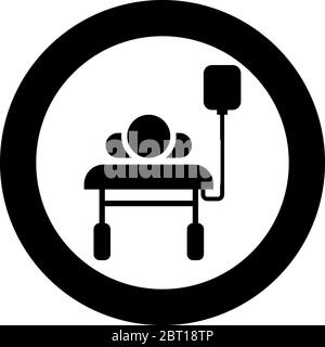 Patient lying on medical bed couch with dropper Man with dropping bottle Emergency therapy concept injecting resuscitation Intensive care icon in Stock Vector