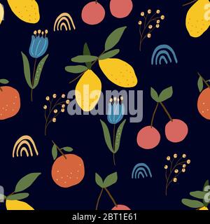 Seamless pattern on a dark blue background, lemons, cherries, peaches, flowers. Vector graphics in a flat style for decorating packaging, textiles Stock Vector