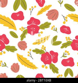 Seamless pattern on a white background, pink and red flowers, yellow leaves in vector graphics. For the design of cards, covers for notebooks, phones Stock Vector