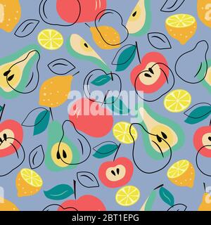 Seamless pattern of fruits apples, pears, lemons, halves, leaflets on a blue background in vector graphics. For printing on pillows, dishes, wrapping Stock Vector