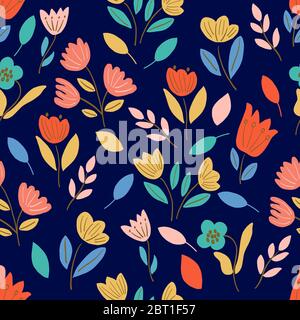 Seamless pattern on a white background, pink, blue and red flowers, yellow leaves in vector graphics. For the design of cards, covers for notebooks Stock Vector