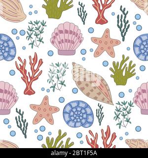 Seamless pattern of sea animals and corals in vector graphics on a white background. For the design of childrens, cartoon illustrations, postcards Stock Vector
