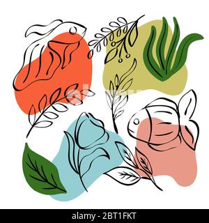 Abstract pattern with color spots, fish, leaves, flowers in a linear style. Vector graphics for the design of postcards, posters, prints for textiles Stock Vector