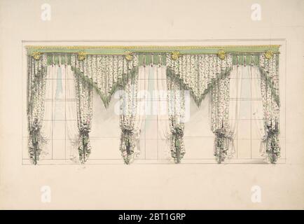 Design for Curtains with Pink, Green and White Floral Fabric and Pink and Green Fringes, ca. 1820. Stock Photo