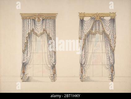 Design for Pink, Green and White Curtains with Gold and Red Fringes, and Gold Pediments, ca. 1820. Stock Photo