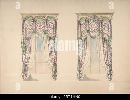 Design for Pink and White Curtains with Green Fringes, and Gold and White Pediments, ca. 1820. Stock Photo