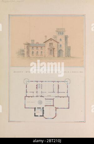 North Front and Second Floor Plan of John Munn House, Utica, New York, 1854. Stock Photo