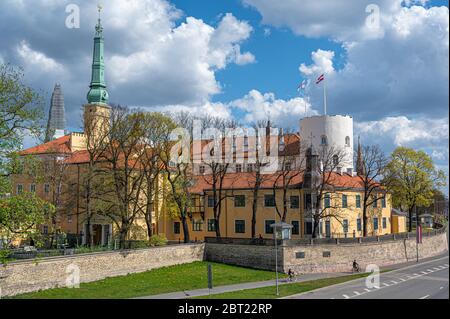 View of Riga Castle during sunny spring day in Riga, Latvia. Riga Castle is a castle on the banks of River Daugava. Today it is the official residence Stock Photo