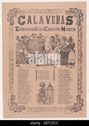 Skeletons (calaveras) dancing and drinking, corrida in bottom section, Ca. 1910. Stock Photo