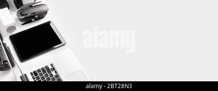 laptop and tablet near the drone, image on a white background, modern gadgets concept Stock Photo