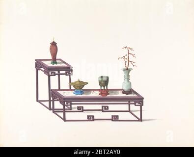 Two Tables with a Purple Finish, One with a Red Vase, the Other with Three Vases, 19th century. Stock Photo