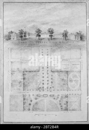 University of North Carolina, Chapel Hill (distant perspective and plan of grounds), 1850-58. Stock Photo