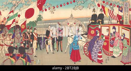 Visit of the Empress to the Third National Industrial Promotional Exhibition at Ueno Park (Ueno dai sankai naikoku kangyo hakuran kai gyoko no zu), 1889. Stock Photo