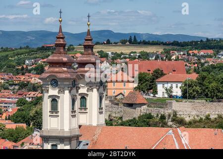 Aerial view Eger, Hungarian Country town with Minorite church Stock Photo