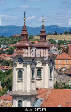 Aerial view Eger, Hungarian Country town with towers Minorite church Stock Photo