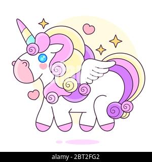 Cute Cartoon Unicorn with Pink and Yellow hair Stars Vector Illustration Stock Vector