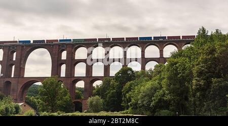 World largest railway viaduct named Goltzschtalbrucke with trains near Netzschkau towen in Germany Stock Photo