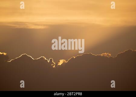 Wimbledon, London, UK. 22 May 2020. After a fine day with warm and blustery wind the sun illuminates a bank of cloud, lighting the top edge. Credit: Malcolm Park/Alamy Live News. Stock Photo