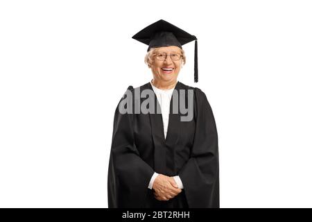 Elderly female graduate wearing a gown and smiling isolated on white background Stock Photo