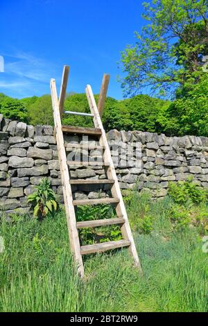 Ladder stile over a dry stone wall in the Loxley Valley near Low Bradfield, Sheffield, Peak District National Park, South Yorkshire, England, UK. Stock Photo