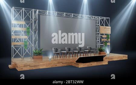 Wood and metal event stage with conference panel chairs, industrial design with giant screen, 3d rendering. Stock Photo