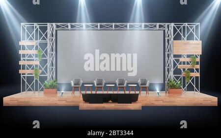 Wood and metal event stage with conference panel chairs, industrial design with giant screen, 3d rendering. Stock Photo