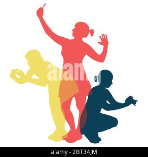 Vector silhouette of female photographer making a photo during vacation in different position. Stock Vector