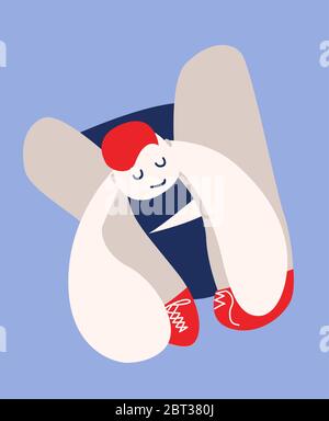 Abstract person sitting on floor making trying to tie shoelaces on his red sneakers Stock Photo