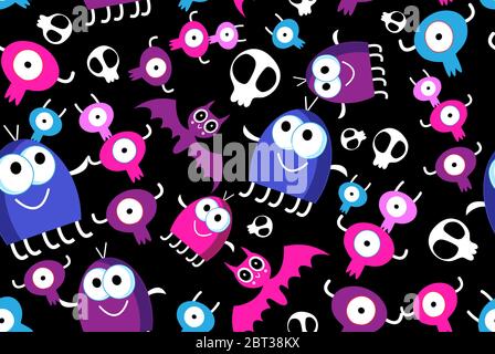 Seamless fun Halloween pattern of monsters and skulls on a black background Stock Vector