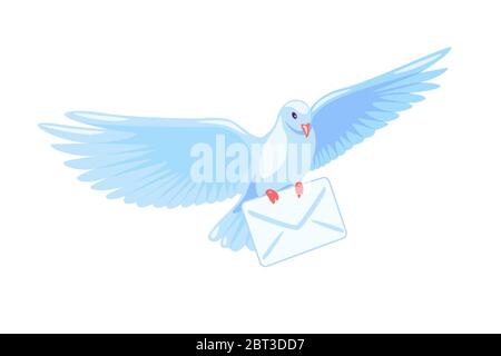 Flying post pigeon with a letter isolated on background. Free white dove with envelope. Air mail delivery symbol. Flat cartoon vector illustration. Retro message sent. Stock Vector