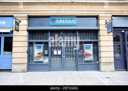 Peterborough, UK. 22nd May, 2020. Day Sixty of Lockdown, in Peterborough. Greggs remains closed. Even though there has been a partial lifting of lockdown, there are still many shops that have to remain closed, including barbers and hairdresser salons. COVID-19 Coronavirus lockdown, Peterborough, Cambridgeshire, UK, on May 22, 2020 Credit: Paul Marriott/Alamy Live News Stock Photo