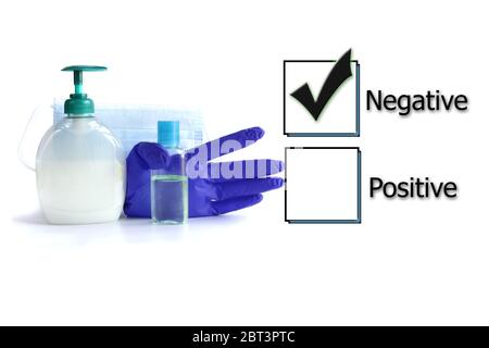 Ticked box with negative test results for COVID-19 virus and protective accessories against virus on white background. Testing result, blood swab test, vaccination, coronavirus test concept Stock Photo