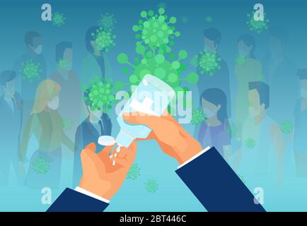 Vector of a man applying hand sanitizer on a background of a crowd of people wearing face masks Stock Vector