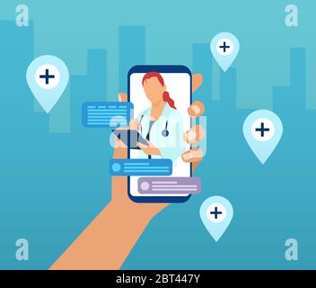 Vector of a hand holding a smartphone with a doctor on a screen and chat icons. Online medical consultation and advise service concept Stock Vector