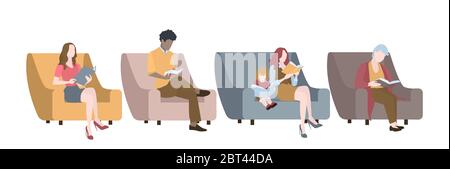 Vector of a diverse group of people reading books sitting on an armchair or sofa Stock Vector