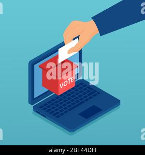 Vector of a hand putting paper with vote in the ballot box in a laptop computer Stock Vector