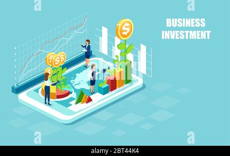 Vector of businesswomen working together and growing a successful business worldwide online,  sprouting plants on a digital tablet. Stock Vector