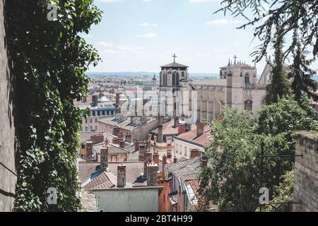 Cathedral and Cityscape, Lyon, Auvergne-Rhone-Alpes, France Stock Photo