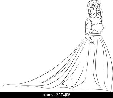 Beautiful outline of elegant lady in long dress and broad-brim with a