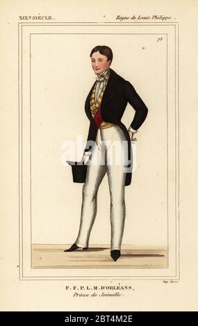 Francois of Orleans, Prince of Joinville 1818-1900. Francois-Ferdinand-Philippe-Louis-Marie d'Orleans, Prince de Joinville in town clothes. Handcoloured lithograph from Le Bibliophile Jacob aka Paul Lacroix's Costumes Historiques de la France (Historical Costumes of France), Administration de Librairie, Paris, 1852. Stock Photo