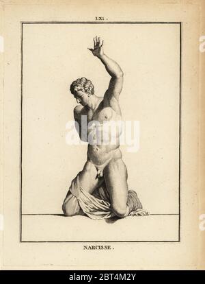 Statue of the beautiful hunter Narcissus, from Greek mythology. Copperplate engraving by Francois-Anne David from Museum de Florence, ou Collection des Pierres Gravees, Statues, Medailles, Chez F.A. David, Paris, 1787. David (1741-1824) drew and engraved the illustrations based on Roman statues, engraved stones and medals in the collection of the Museum de Florence and the cabinet of curiosities of the Grand Duke of Tuscany.