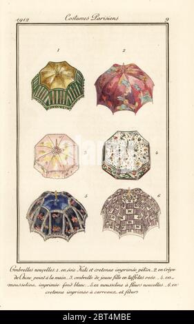 New umbrella and parasol designs for 1912. Ombrelles nouveau. Handcoloured pochoir (stencil) etching from Tommaso Antonginis Journal des Dames et des Modes, Aux Bureaux du Journal des Dames, Paris, 1912.