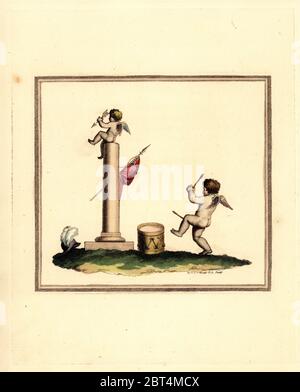 Cupid playing a drum with his standard on a column. Exercising his drum, having placed his banner in safety. Handcoloured copperplate engraving by William Nelson Gardiner after an illustration by Princess Elizabeth from Thomas Parks Cupid Turned Volunteer, London, 1804. Stock Photo